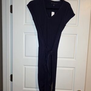 Elegant dark blueV-Neck Dress with Tie Waist